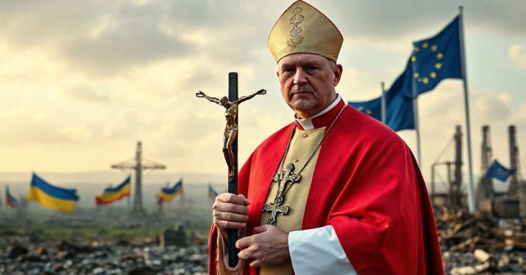 Katylicki biskup w tradycyjnych szatach liturgicznych stoi przed zniszczonym krajobrazem Ukrainy, trzymając krzyż, symbolizując duchową walkę przeciwko nowoczesnej geopolityce