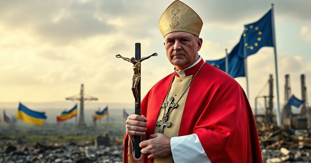 Biskup w modlitwie za pokój - duchowa walka o królestwo Chrystusa Katylicki biskup w tradycyjnych szatach liturgicznych stoi przed zniszczonym krajobrazem Ukrainy, trzymając krzyż, symbolizując duchową walkę przeciwko nowoczesnej geopolityce