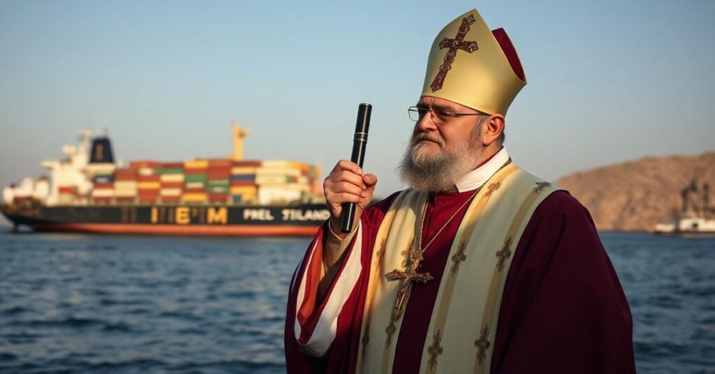 Katolicki biskup w tradycyjnych szatach modli się nad Cieśniną Ormuz podczas ataku Iranu w 2026 roku, podkreślając królewską władzę Chrystusa nad narodami.
