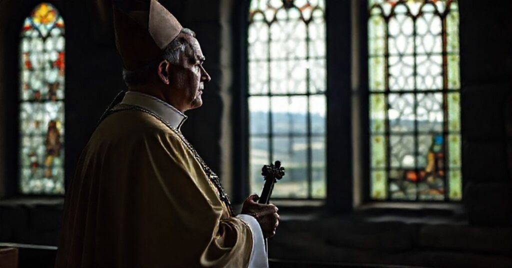 Poważny biskup w tradycyjnych szatach kościelnych trzyma krzyż i patrzy ze smutkiem przez witraże na zniszczone krajobrazy wojny.