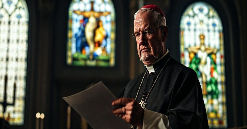 Katolicki biskup w tradycyjnej szacie liturgicznej trzyma list w kościele przy oknie witrażowym przedstawiającym Ukrzyżowanie