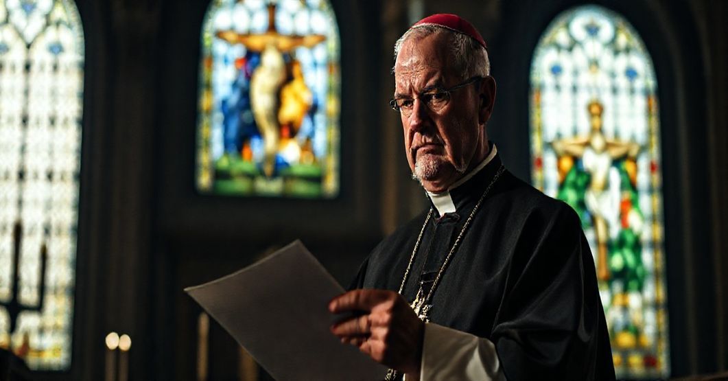 Katolicki biskup w tradycyjnej szacie liturgicznej trzyma list w kościele przy oknie witrażowym przedstawiającym Ukrzyżowanie