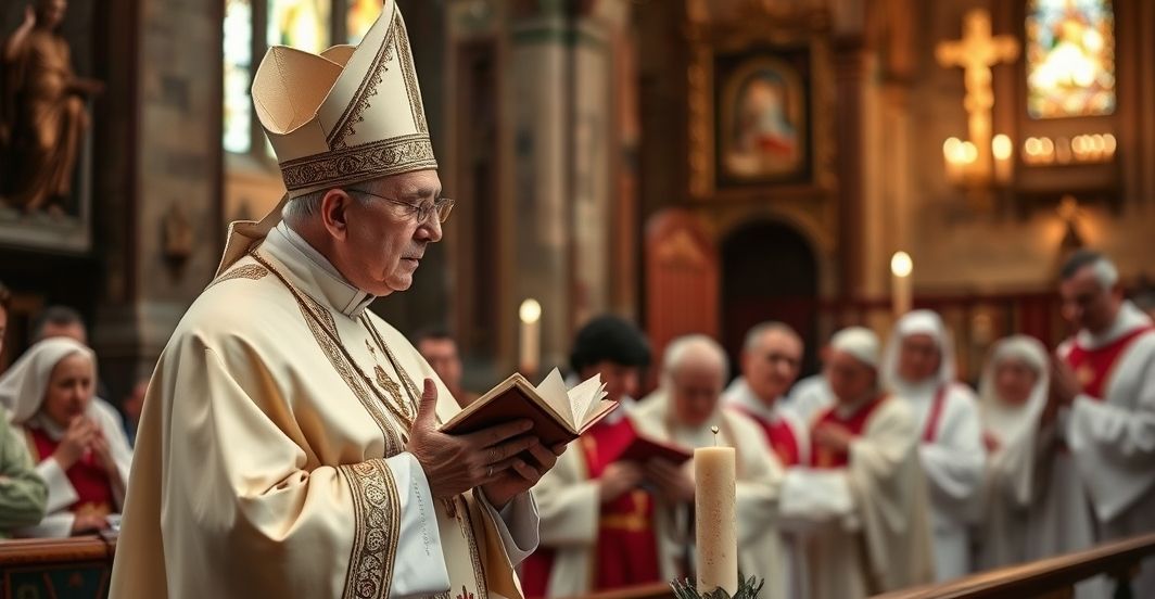 Biskup w liturgicznym stroju modlący się w kościele, symbolizujący wierne katolickie nauki i odrzucenie modernistycznych błędów