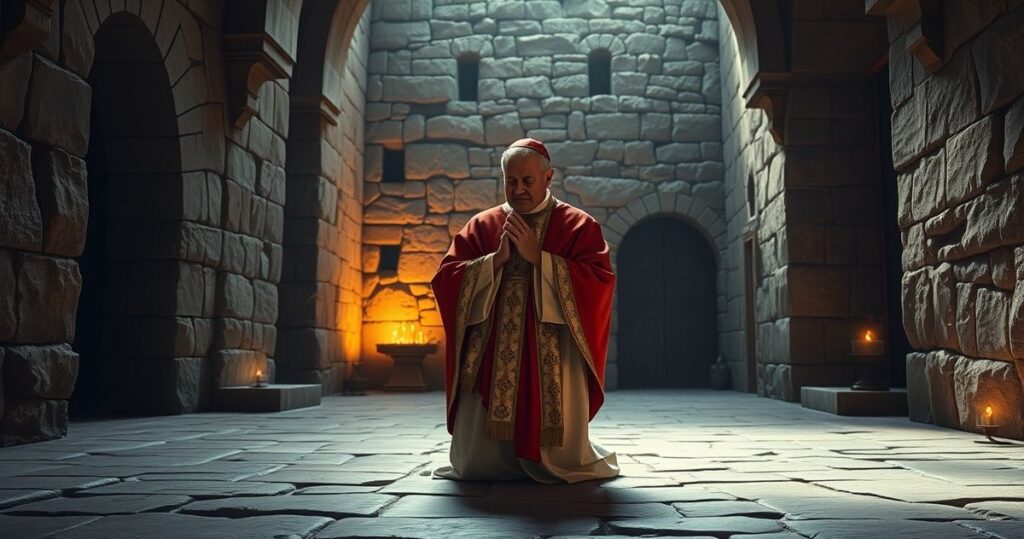 Biskup w tradycyjnym stroju modli się w historycznym miejscu świętym, symbolizującym katolicką wiarę i duchową głębię, ukazując powagę i tradycję Kościoła.