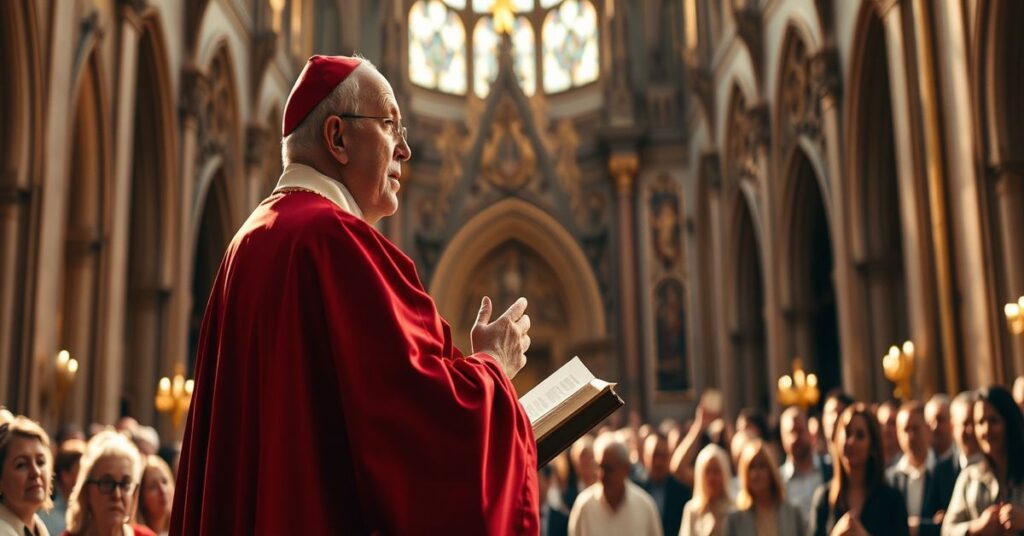 Biskup w tradycyjnych szatach liturgicznych przemawia do tłumu przed katedrą w Monako, podkreślając prawdziwe królewstwo Chrystusa.