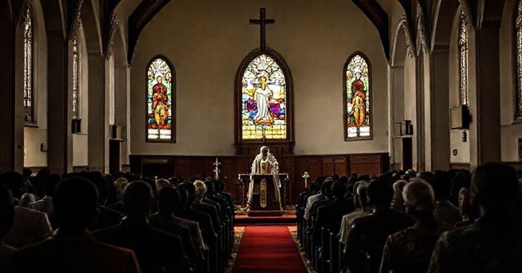 Wnętrze tradycyjnego kościoła katolickiego w Tanzanii podczas homilii biskupa Stephano Lameckiego Musomby. Scena jest pełna żałoby i ciężkiego nastroju ze względu na brak prawdziwego nauczania katolickiego.