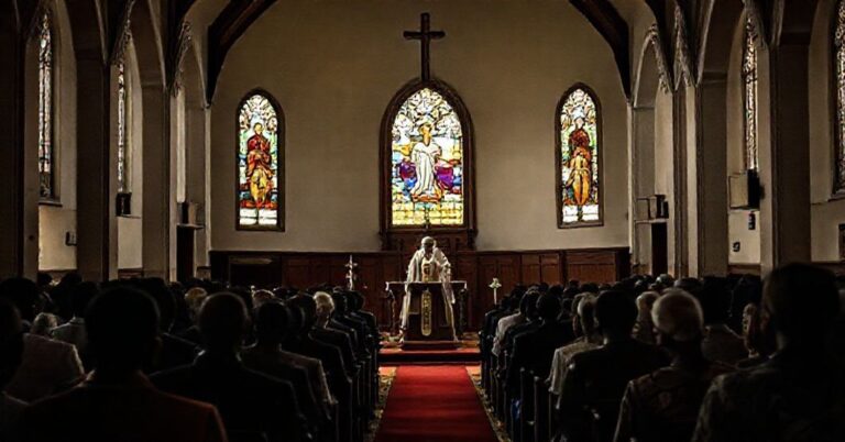 Wnętrze tradycyjnego kościoła katolickiego w Tanzanii podczas homilii biskupa Stephano Lameckiego Musomby. Scena jest pełna żałoby i ciężkiego nastroju ze względu na brak prawdziwego nauczania katolickiego.