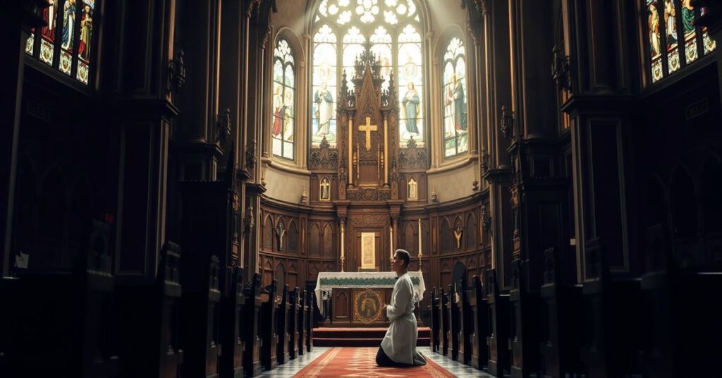 Wnętrze tradycyjnego kościoła katolickiego w Holandii z młodym księdzem modlącego się przed ołtarzem
