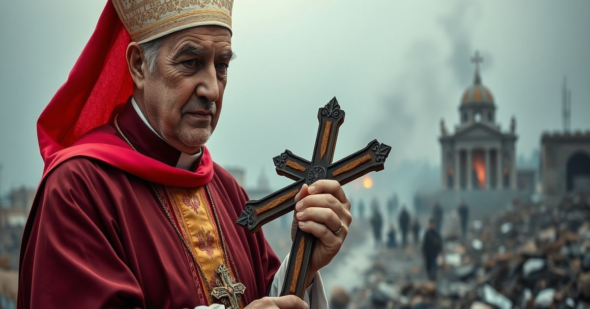 Obraz przedstawiający katolickiego biskupa w liturgicznych szatach na tle niszczonego krajobrazu Bliskiego Wschodu, trzymającego złamany krzyż, z dalekim dymem i żołnierzami w tle.