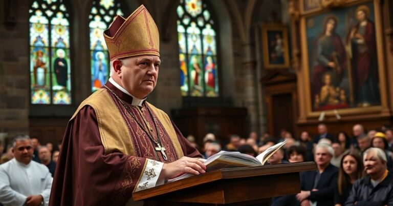 Portret tradycyjnego biskupa katolickiego w pełnych szatach liturgicznych na kazaniu w katedrze na Wawelu. Tło przedstawia stare kamienne ściany z ikonami religijnymi i witrażami.