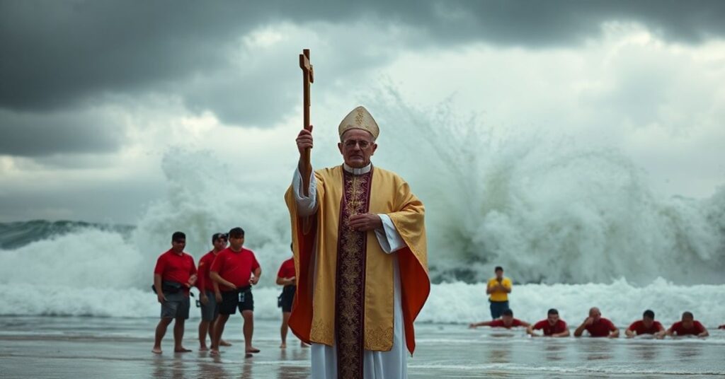 Ksiądz biskup w pełnych ornatach liturgicznych stoi na burzliwej plaży w Sydney, trzymając krzyż wysoko. Fale uderzają na tle ciemnego nieba z ponurymi chmurami. Grupa przerażonych kąpieliskowych ratowników i włóczykijów zgromadzona jest obok. Widok niesie ze sobą przekaz Bożego sądu i potrzebę pokuty.
