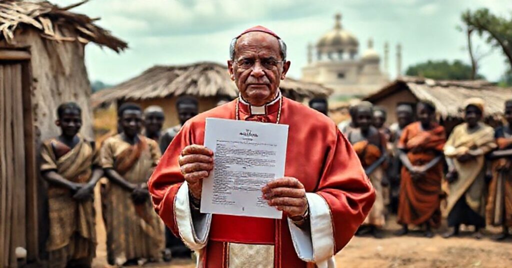 Katolicki biskup w tradycyjnych szatach przed afrykańską wsią trzyma kontrowersyjny dokument COMECE-SECAM