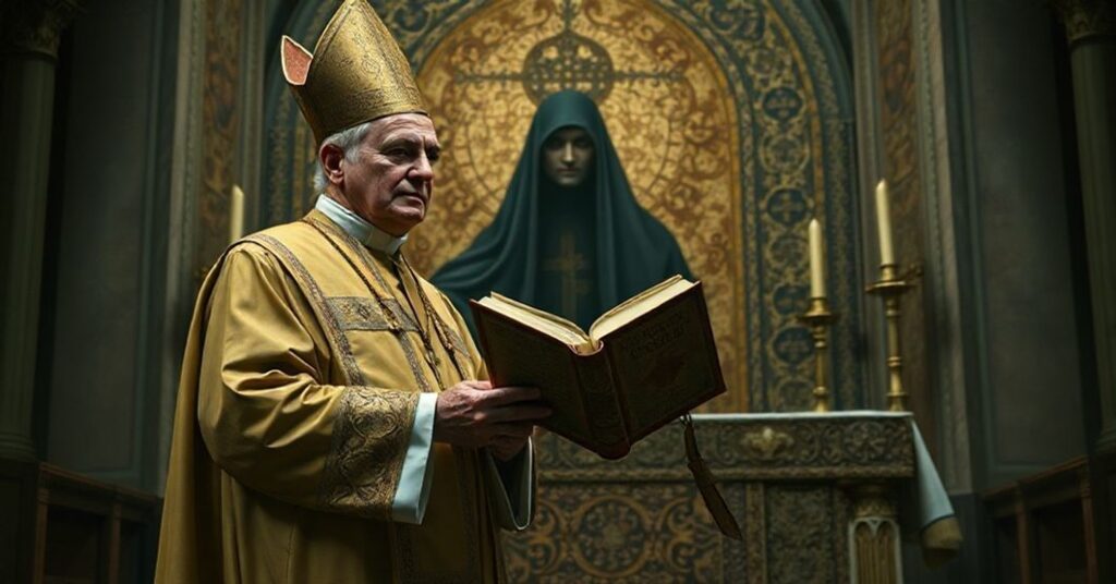 Biskup w pełnym stroju liturgicznym stoi przed ołtarzem z mozaiką Marka Rupnika, wyrażając poważne obawy wobec fałszywej władzy Leona XIV.