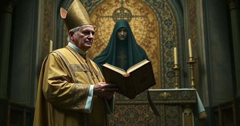 Biskup w pełnym stroju liturgicznym stoi przed ołtarzem z mozaiką Marka Rupnika, wyrażając poważne obawy wobec fałszywej władzy Leona XIV.