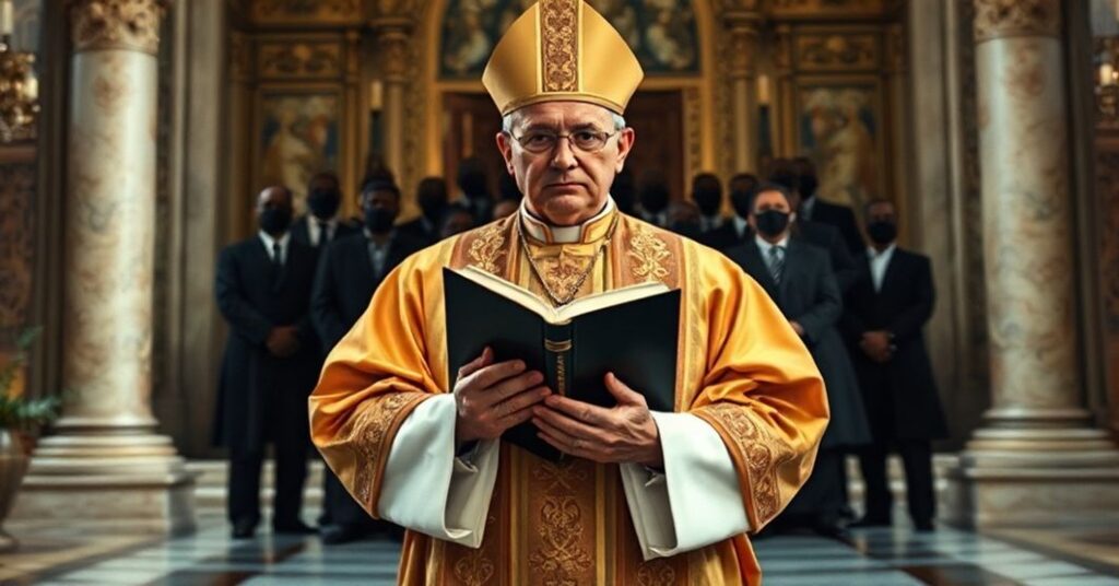 Biskup w tradycyjnych szatach liturgicznych stoi przed katedrą z poważną miną trzymając zamkniętą księgę nauki katolickiej. Na tle widoczni są nieostrzyźni dziennikarze i fałszywi nauczyciele z nagłówkami na temat praw człowieka.