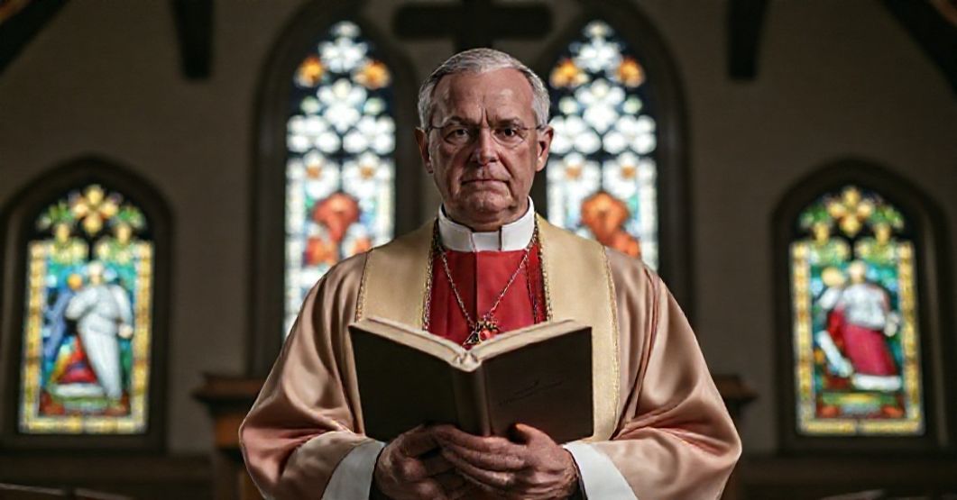 Tradycyjny biskup katolicki w pełnym stroju liturgicznym stoi przy ambonie w ciemnej kościelnej kaplicy.