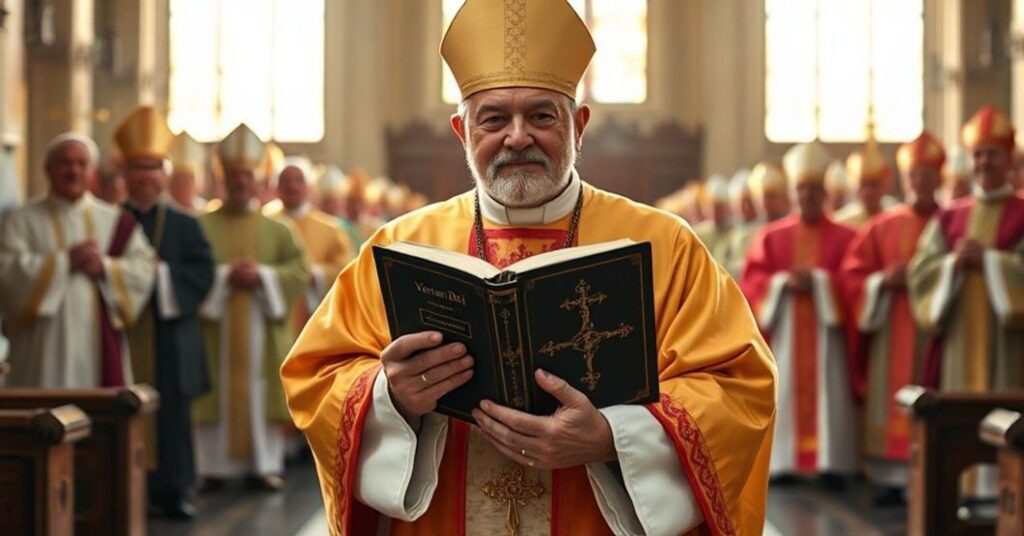 Zdjęcie przedstawiające tradycyjnego biskupa katolickiego stojącego w katedrze z Biblią w ręku, symbolizującego obronę wiary przed nowoczesnym modernectwem i apostazją.