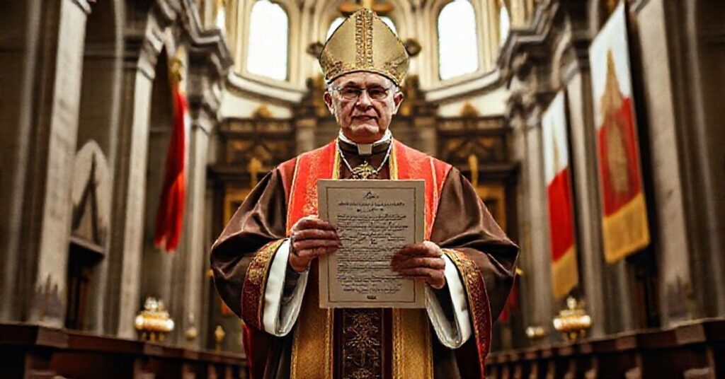 Biskup w katedrze z encykliką "Quas primas" Piusa XI, otoczony symbolami katolickimi i napisem "Chrystus Król Polski"