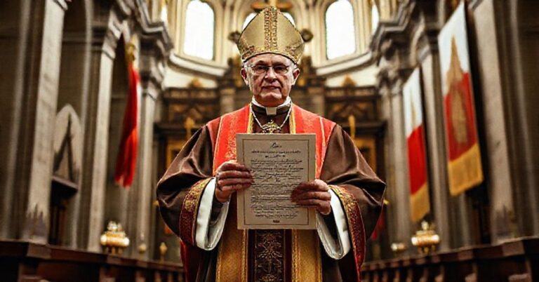 Biskup w katedrze z encykliką "Quas primas" Piusa XI, otoczony symbolami katolickimi i napisem "Chrystus Król Polski"