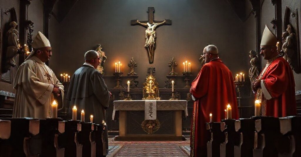 Biskup Sławomir Oder i kardynałowie Rainer Maria Woelki oraz Angelo De Donatis stoją w tradycyjnym kościele katolickim przed ołtarzem w atmosferze krytyki modernistycznych 'kanonizacji'