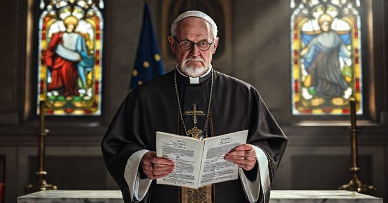 Biskup w tradycyjnych szatach kościelnych stoi przed ołtarzem z dokumentem Syllabus Errorum, w tle flaga Unii Europejskiej w cieniu. Scena jest oświetlona delikatnym światłem z witraży przedstawiających Chrystusa Króla.