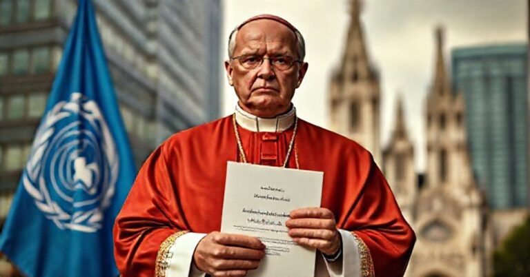 Biskup w tradycyjnych szatach liturgicznych przed flagą ONZ symbolizuje odrzucenie sprawiedliwej wojny chrześcijańskiej.