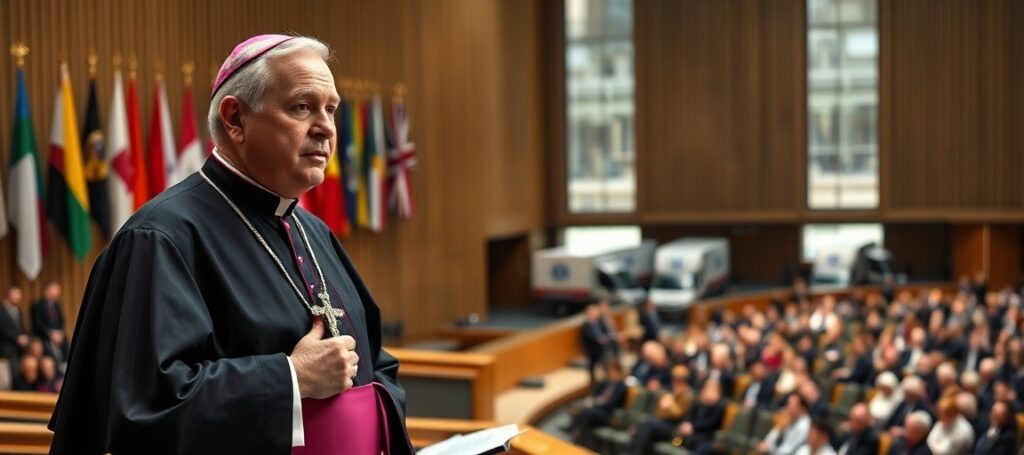 Biskup katolicki podczas wystąpienia w ONZ w Genewie apelujący o pomoc humanitarną dla Sudanu z krucyfiksem w dłoni