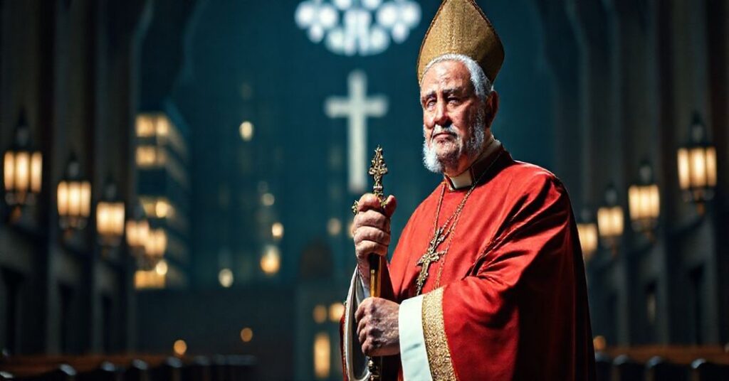 Tradycyjny biskup katolicki w pełnym ornamentach stoi w ciemnym kościele z krzyżem w ręku na tle współczesnych budynków akademickich symbolizujących konflikt wiary z postępem