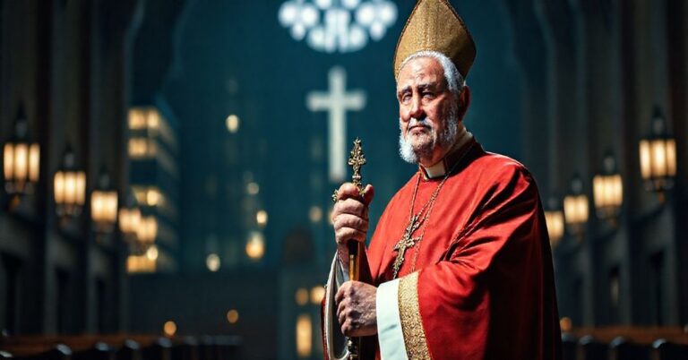 Tradycyjny biskup katolicki w pełnym ornamentach stoi w ciemnym kościele z krzyżem w ręku na tle współczesnych budynków akademickich symbolizujących konflikt wiary z postępem