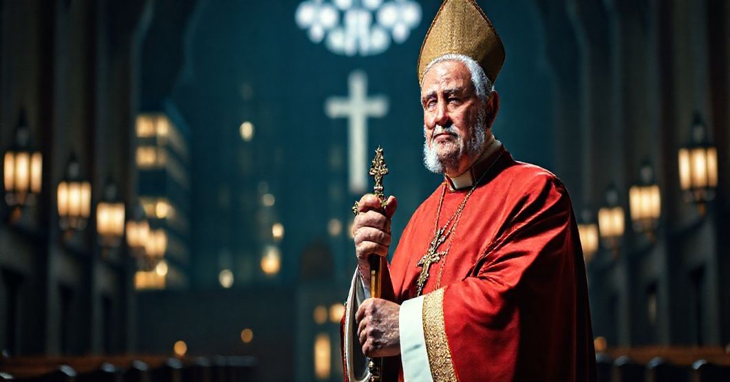 Tradycyjny biskup katolicki w pełnym ornamentach stoi w ciemnym kościele z krzyżem w ręku na tle współczesnych budynków akademickich symbolizujących konflikt wiary z postępem