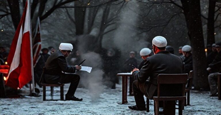 Stary biskup w tradycyjnym ornacie przed zrujnowanym kościołem trzyma Orędzie z 1965 r., symbolizujące apostazję posoborową