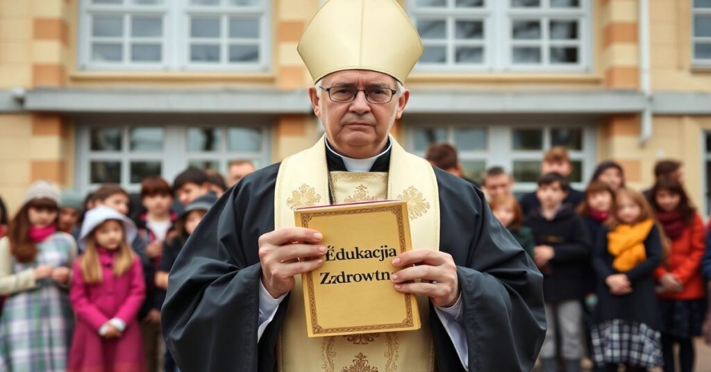 Tradycyjny katolicki biskup w ornacie liturgicznym stojący przed szkołą, krytykujący nowoczesne programy edukacyjne w imieniu prawdy katolickiej.