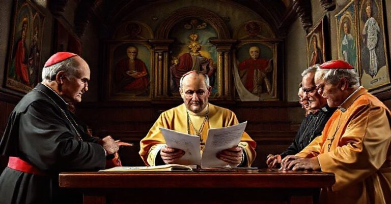 Biskup Stefan Oster z Pasawy i modernistyczni kardynałowie dyskutują w kaplicy o synodalnej konferencji, symbolizując apostazję Kościoła