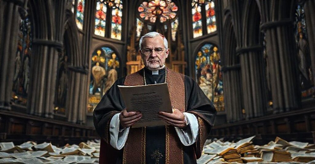 Biskup w tradycyjnych szatach kościelnych trzyma dokument o tożsamości płciowej, stojąc przed katedrą w atmosferze moralnego kryzysu.