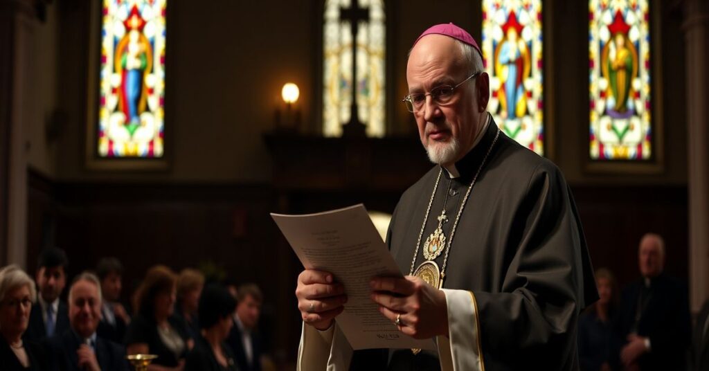 Prawdziwy katolicki biskup w tradycyjnych szatach w kaplicy z witrażami ostrzega przed oszustwami i herezją.