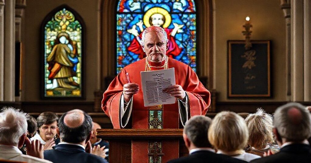 Soborna postawa katolickiego biskupa w tradycyjnych szatach kościelnych, obok witrażu przedstawiającego Chrystusa Króla.