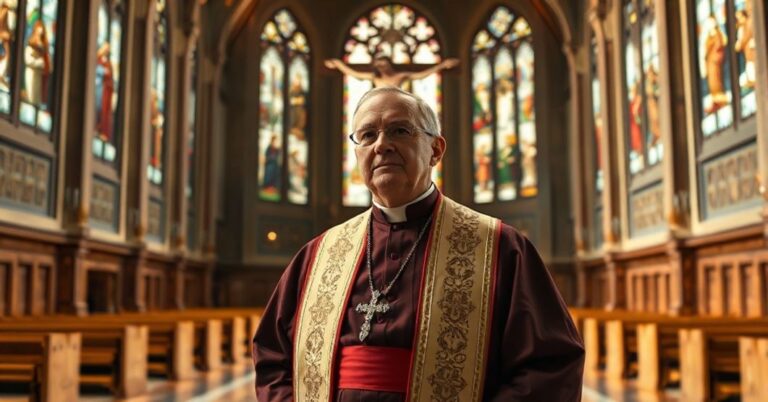 Biskup w tradycyjnych szatach liturgicznych przemawia w pustym kościele z wielkim krzyżem na tle.