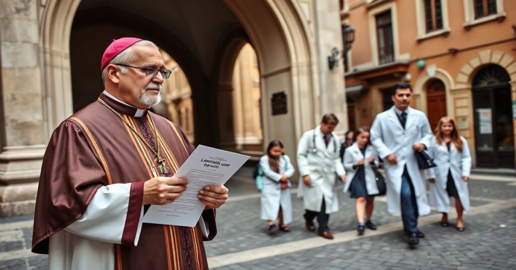 Biskup katolicki w tradycyjnych szatach liturgicznych trzyma dokument Lamentabili sane exitu przed katedrą, wyrażając troskę o dzieci prowadzonych przez lekarzy w białych fartuchach reprezentujących ideologię transpłciową.
