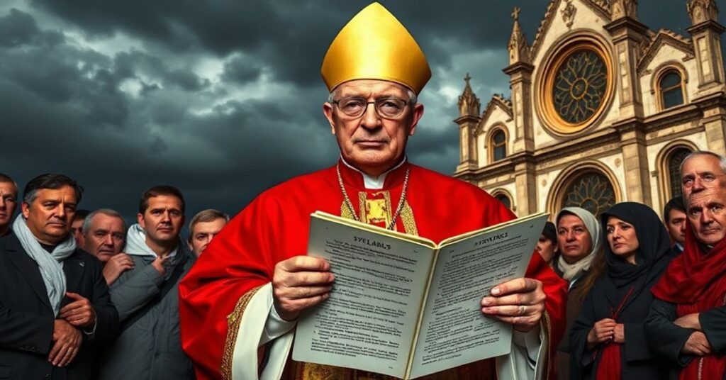 Biskup katolicki w tradycyjnych szatach liturgicznych przemawia do wierzących o heretyckich naukach Leona XIV dotyczących ewangelizacji.