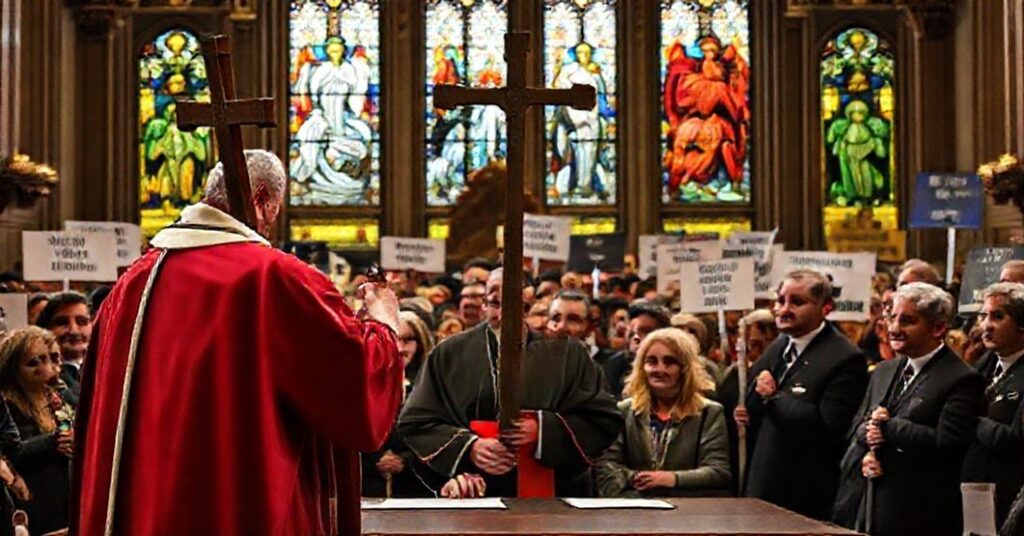 Biskup katolicki w tradycyjnych szatach stoi przed tłumem protestujących, trzymając krzyż wysoko, podczas gdy urzędnicy UE podpisują dokument klimatyczny w wielkiej sali katedralnej.
