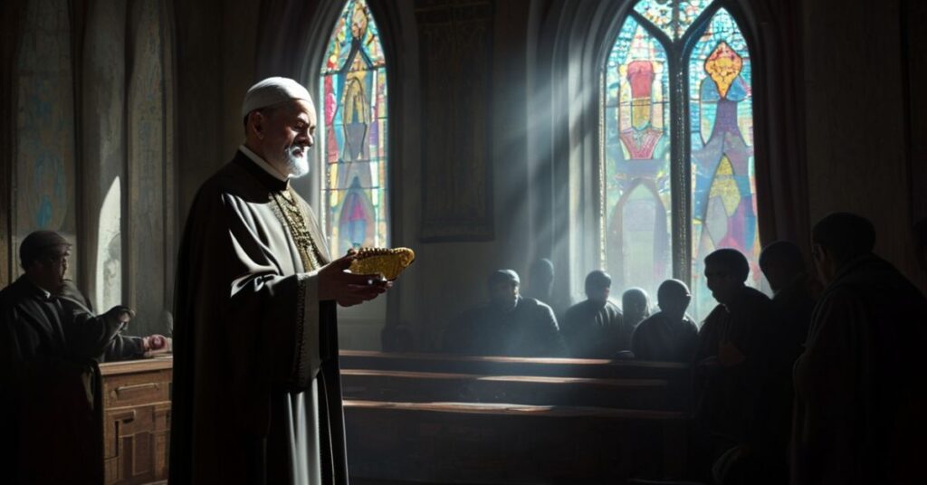 Książę biskup katolicki w tradycyjnych szatach liturgicznych patrzy z okna witrażowego na scenę spotkań premiera Kanady Marka Carneya z chińskimi komunistami