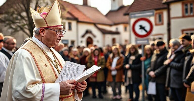 Biskup w tradycyjnych szatach stoi przed grupą obywateli na rynku miejskim, trzymając encyklikę Quas Primas i mówiąc o niesprawiedliwości przywilejów dla samochodów elektrycznych.