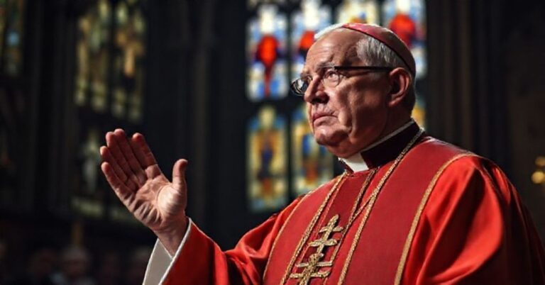 Tradycyjny biskup katolicki w pełnym stroju liturgicznym stoi w katedrze z witrażami na tle. Wyraz jego twarzy jest poważny i smutny, patrząc na polityka w świeckim ubraniu trzymającego przemówienie o pokoju i dobrobycie. Ręka biskupa podniesiona jest w ostrzeżeniu podkreślającym brak panowania Chrystusa w politycznej wizji.