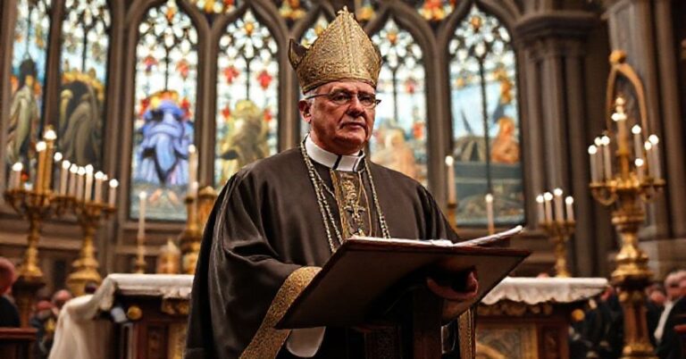 Biskup w tradycyjnym stroju liturgicznym wygłasza poważne kazanie w wielkiej katedrze o zagrożeniach ekumenizmu i zdrady katolickiej doktryny