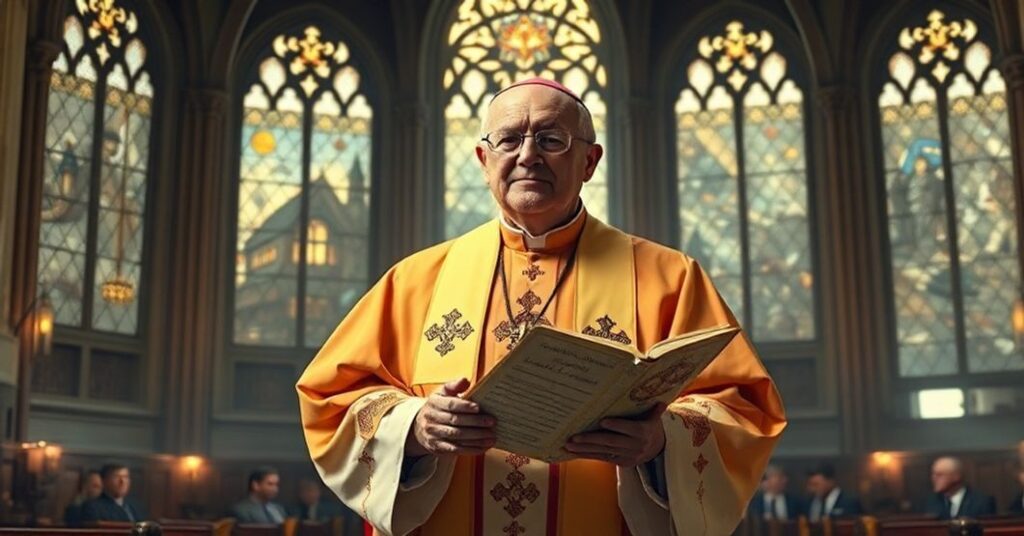 Tradycyjny biskup w pełnej liturgii stojący w historycznym kościele z witrażami mieszkającymi miękkie światło.