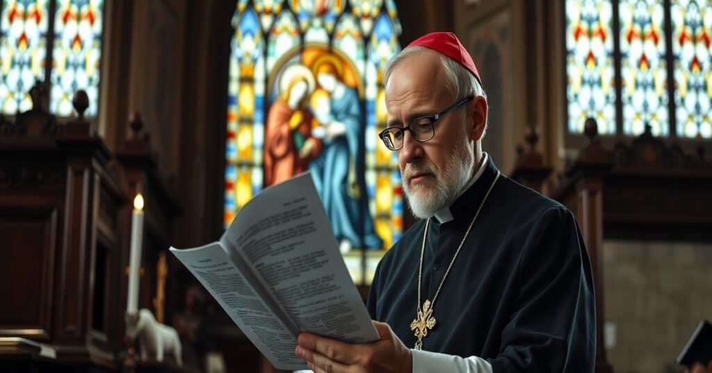 Biskup Franz-Joseph Overbeck w tradycyjnym katolickim wnętrzu kościoła, czytający dokument o monitorowaniu NIPT