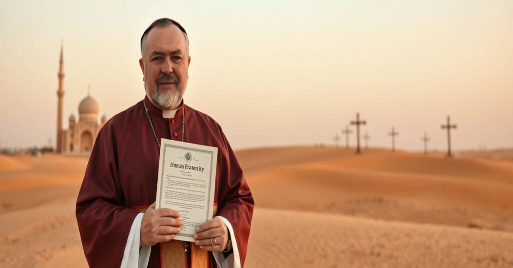 Obraz przedstawia biskupa Paolo Martinellego w tradycyjnych szatach biskupich na tle pustynnego krajobrazu z meczetem i krzyżami na tle zachodzącego słońca.