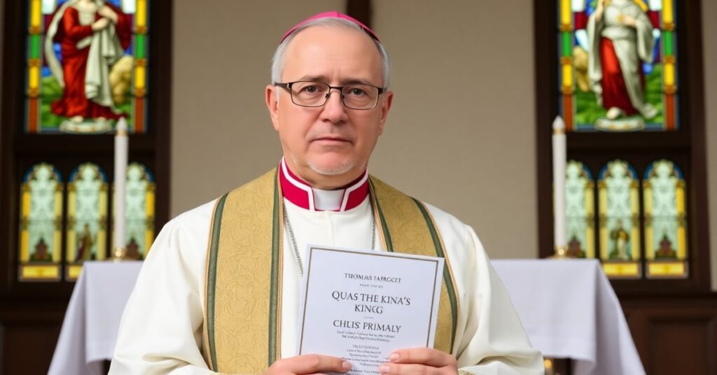 Portret Biskupa Thomasa Paprocki w tradycyjnej sutannie biskupiej, trzymający encyklikę Quas Primas przed ołtarzem w tradycyjnym kościele katolickim.