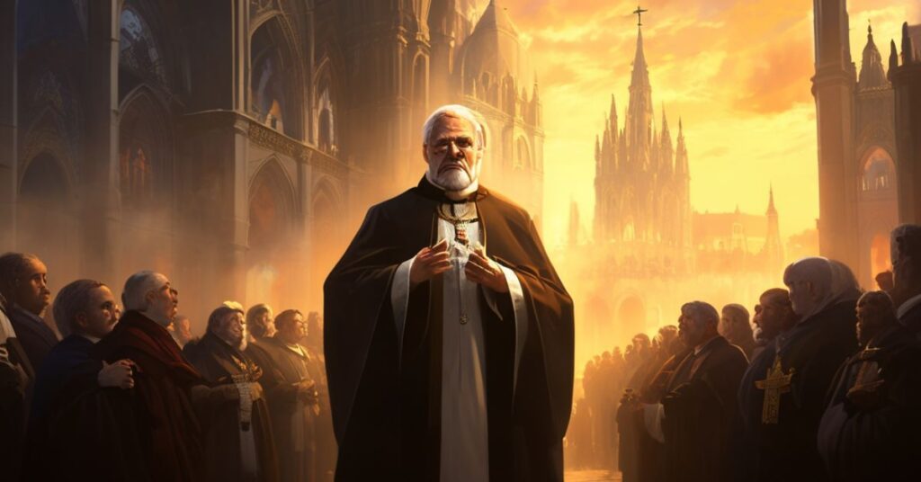 Biskup w tradycyjnych szatach kościelnych stoi przed katedrą w momencie kontestowania niemieckiej drogi synodalnej, tło przedstawia symbolikę tradycyjnego katolicyzmu.