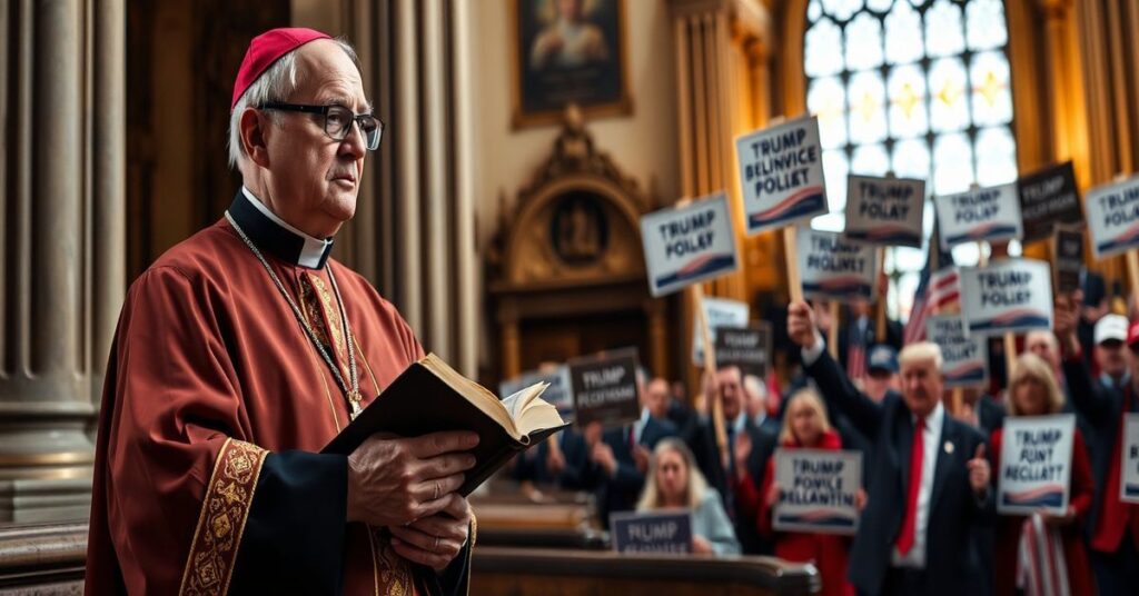 Biskup katolicki w tradycyjnych szatach kościelnych stoi w wielkiej katedrze i patrzy z niepokojem na polityczne zgromadzenie z Donaldem Trumpem i ewangelikalnymi protestantami.